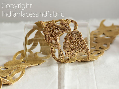 Gold Zari Trim By The Yard, Indian Handcrafted Zardozi 2.5 Inch Saree Border DIY Craft Ribbon Embroidered Sari Lace Handmade Trimming Dress