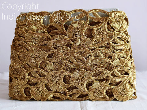 Gold Zari Trim By The Yard, Indian Handcrafted Zardozi 2.5 Inch Saree Border DIY Craft Ribbon Embroidered Sari Lace Handmade Trimming Dress