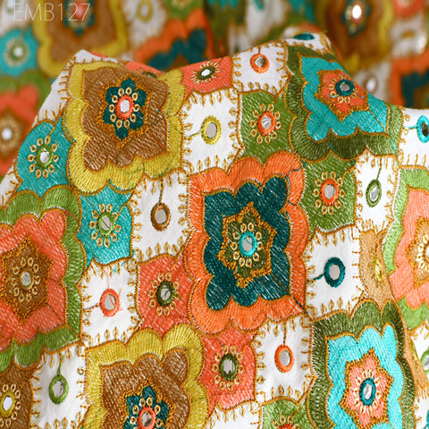 Indian Embroidered Cotton Fabric by the Yard Embroidery Summer Dresses Party Costumes Dolls Bags Cushions Table Runner Sewing DIY Crafting