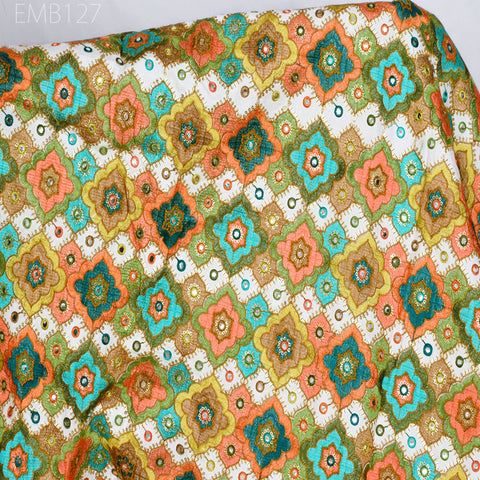 Indian Embroidered Cotton Fabric by the Yard Embroidery Summer Dresses Party Costumes Dolls Bags Cushions Table Runner Sewing DIY Crafting