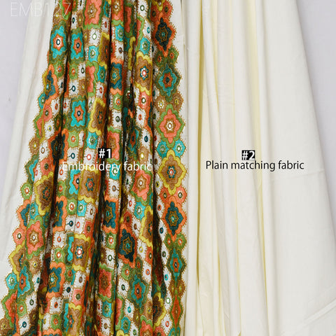 Indian Embroidered Cotton Fabric by the Yard Embroidery Summer Dresses Party Costumes Dolls Bags Cushions Table Runner Sewing DIY Crafting