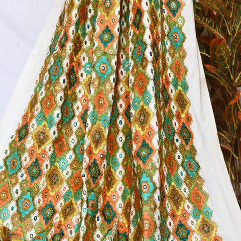 Indian Embroidered Cotton Fabric by the Yard Embroidery Summer Dresses Party Costumes Dolls Bags Cushions Table Runner Sewing DIY Crafting