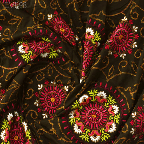 Brown Embroidered Fabric Indian Embroidery Cotton Fabric by the Yard Sewing Fabric DIY Crafting Wedding Dress Costumes Doll Bag Home Decor