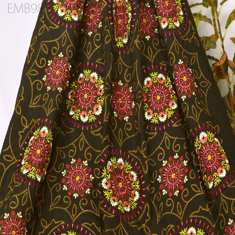 Brown Embroidered Fabric Indian Embroidery Cotton Fabric by the Yard Sewing Fabric DIY Crafting Wedding Dress Costumes Doll Bag Home Decor