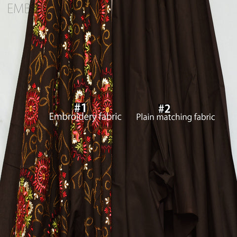 Brown Embroidered Fabric Indian Embroidery Cotton Fabric by the Yard Sewing Fabric DIY Crafting Wedding Dress Costumes Doll Bag Home Decor