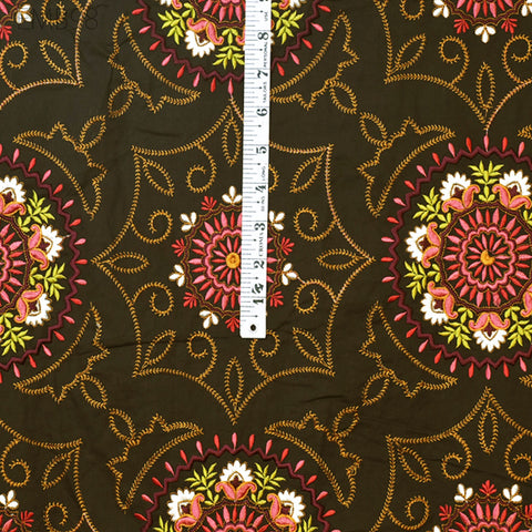 Brown Embroidered Fabric Indian Embroidery Cotton Fabric by the Yard Sewing Fabric DIY Crafting Wedding Dress Costumes Doll Bag Home Decor