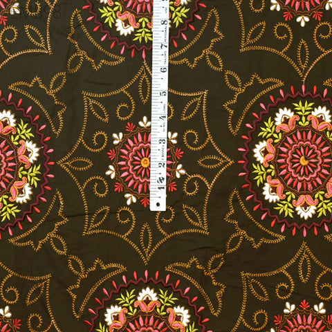 Brown Embroidered Fabric Indian Embroidery Cotton Fabric by the Yard Sewing Fabric DIY Crafting Wedding Dress Costumes Doll Bag Home Decor