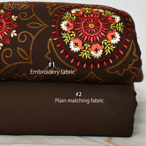 Brown Embroidered Fabric Indian Embroidery Cotton Fabric by the Yard Sewing Fabric DIY Crafting Wedding Dress Costumes Doll Bag Home Decor