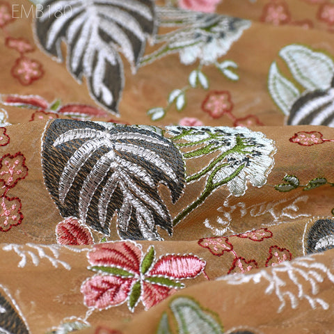 Tan Indian Embroidered Fabric by the Yard Georgette Embroidery Sewing Curtain DIY Crafting Summer Women Dress Material Drapery Home Decor
