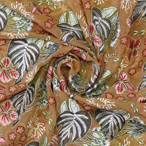 Tan Indian Embroidered Fabric by the Yard Georgette Embroidery Sewing Curtain DIY Crafting Summer Women Dress Material Drapery Home Decor