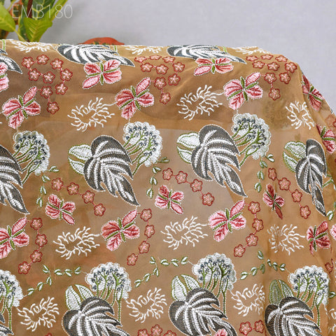 Tan Indian Embroidered Fabric by the Yard Georgette Embroidery Sewing Curtain DIY Crafting Summer Women Dress Material Drapery Home Decor