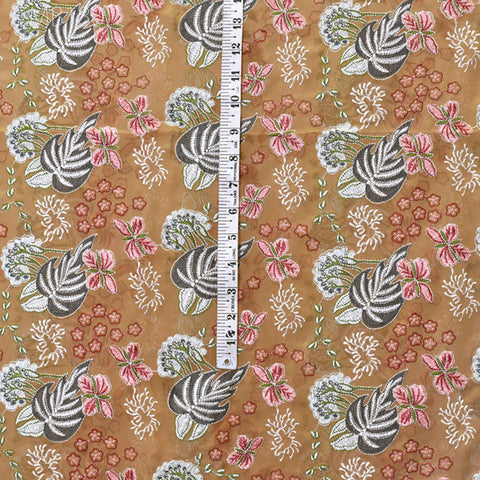 Tan Indian Embroidered Fabric by the Yard Georgette Embroidery Sewing Curtain DIY Crafting Summer Women Dress Material Drapery Home Decor