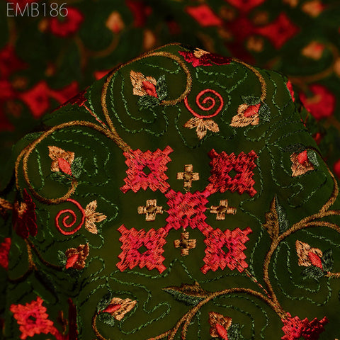 Green Indian Embroidered Fabric by the Yard Georgette Embroidery Sewing Curtain DIY Crafting Summer Women Dress Material Drapery Home Decor