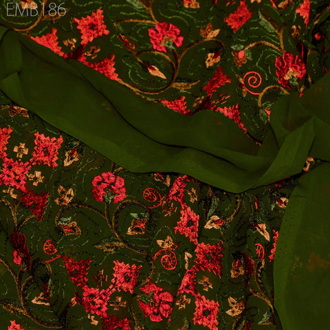 Green Indian Embroidered Fabric by the Yard Georgette Embroidery Sewing Curtain DIY Crafting Summer Women Dress Material Drapery Home Decor
