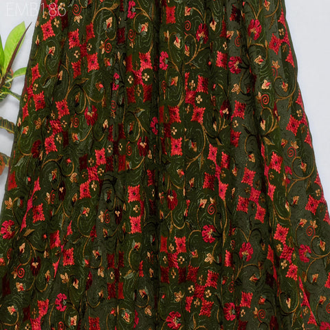 Green Indian Embroidered Fabric by the Yard Georgette Embroidery Sewing Curtain DIY Crafting Summer Women Dress Material Drapery Home Decor
