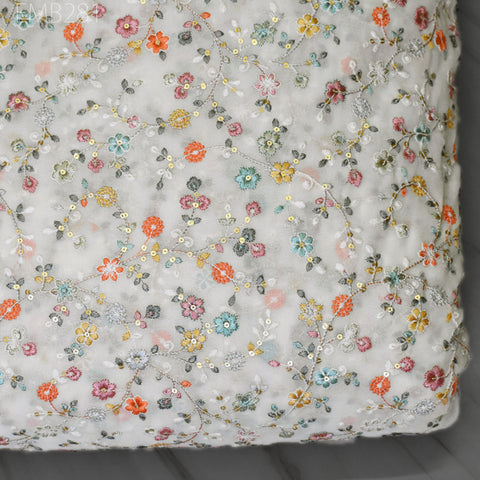 Cream Indian Embroidered Fabric by the Yard Georgette Embroidery Sewing Curtain DIY Crafting Summer Women Dress Material Drapery Home Decor