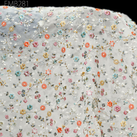 Cream Indian Embroidered Fabric by the Yard Georgette Embroidery Sewing Curtain DIY Crafting Summer Women Dress Material Drapery Home Decor