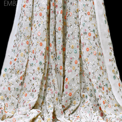 Cream Indian Embroidered Fabric by the Yard Georgette Embroidery Sewing Curtain DIY Crafting Summer Women Dress Material Drapery Home Decor