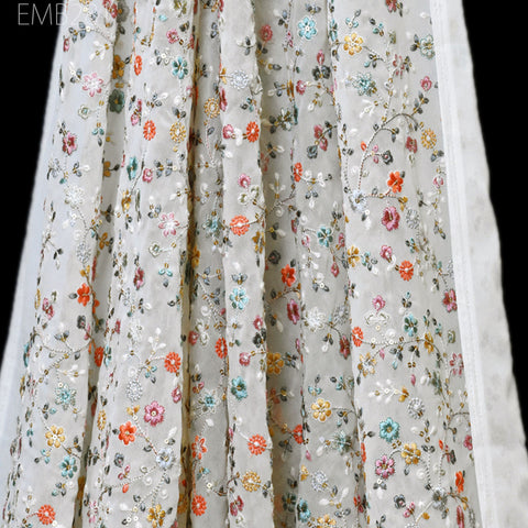 Cream Indian Embroidered Fabric by the Yard Georgette Embroidery Sewing Curtain DIY Crafting Summer Women Dress Material Drapery Home Decor