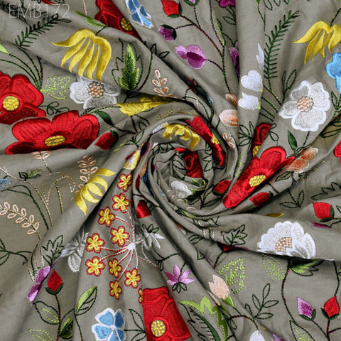 Floral Embroidered Cotton Fabric by the Yard Indian Embroidery Sewing DIY Crafting Women Summer Dresses Costumes Tote Bag Home Decor Curtain