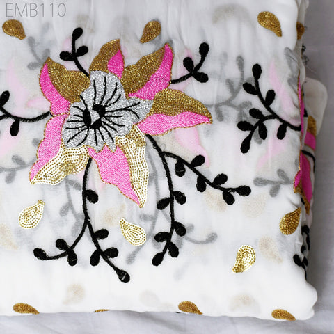 Indian Embroidered Fabric by the Yard Georgette White Embroidery Sewing Curtain DIY Crafting Summer Women Dress Material Drapery Home Decor