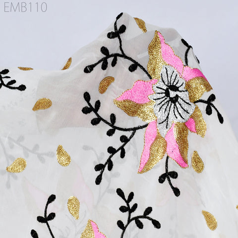 Indian Embroidered Fabric by the Yard Georgette White Embroidery Sewing Curtain DIY Crafting Summer Women Dress Material Drapery Home Decor