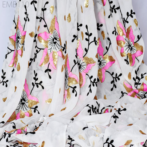 Indian Embroidered Fabric by the Yard Georgette White Embroidery Sewing Curtain DIY Crafting Summer Women Dress Material Drapery Home Decor