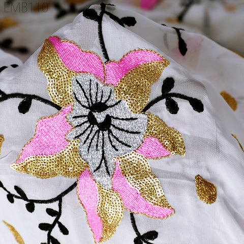 Indian Embroidered Fabric by the Yard Georgette White Embroidery Sewing Curtain DIY Crafting Summer Women Dress Material Drapery Home Decor