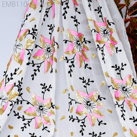 Indian Embroidered Fabric by the Yard Georgette White Embroidery Sewing Curtain DIY Crafting Summer Women Dress Material Drapery Home Decor
