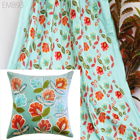 Blue Embroidered Fabric Indian Embroidery Cotton Fabric by the Yard Sewing Fabric DIY Crafting Wedding Dress Costumes Doll Bag Home Decor