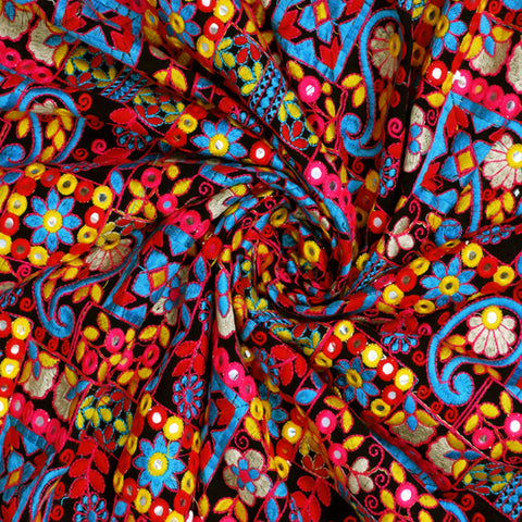 Indian Embroidered Fabric by the Yard Georgette Black Embroidery Sewing Curtain DIY Crafting Summer Women Dress Material Drapery Home Decor