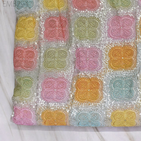 Sequin Embroidery Fabric by the Yard Indian Multi Georgette Saree Embroidered Crafting Sewing Sequined Wedding Dress Costumes Doll Making