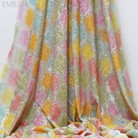 Sequin Embroidery Fabric by the Yard Indian Multi Georgette Saree Embroidered Crafting Sewing Sequined Wedding Dress Costumes Doll Making