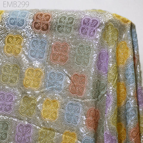 Multi Sequin Embroidery Fabric by the Yard Indian Georgette Saree Embroidered Crafting Sewing Sequined Wedding Dress Costumes Doll Making