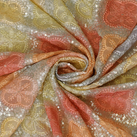 Sequin Embroidery Fabric by the Yard Indian Multi Georgette Saree Embroidered Crafting Sewing Sequined Wedding Dress Costumes Doll Making