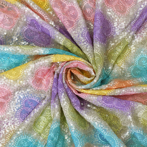 Multi Sequin Embroidery Fabric by the Yard Indian Georgette Saree Embroidered Crafting Sewing Sequined Wedding Dress Costumes Doll Making