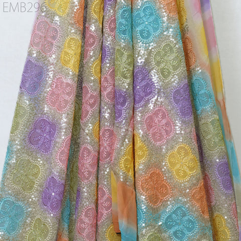 Multi Sequin Embroidery Fabric by the Yard Indian Georgette Saree Embroidered Crafting Sewing Sequined Wedding Dress Costumes Doll Making