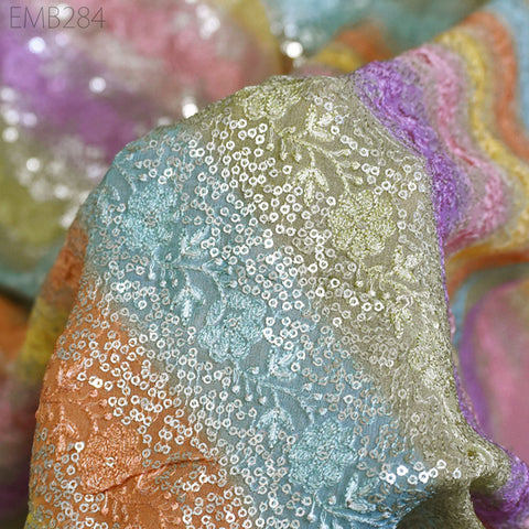 Sequin Embroidery Fabric by the Yard Indian Georgette Saree Embroidered Crafting Sewing Sequined Wedding Dress Costumes Doll Making