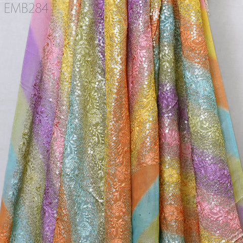 Sequin Embroidery Fabric by the Yard Indian Georgette Saree Embroidered Crafting Sewing Sequined Wedding Dress Costumes Doll Making