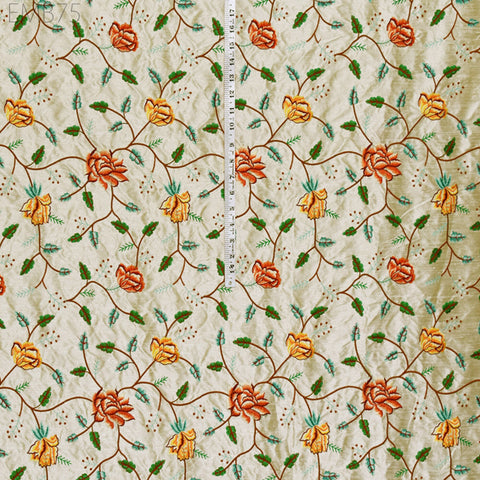 Indian Beige Embroidered Dupioni Fabric by the Yard Sewing Crafting Wedding Dresses Fabric Costumes Dolls Bags Cushion Covers Table Runners