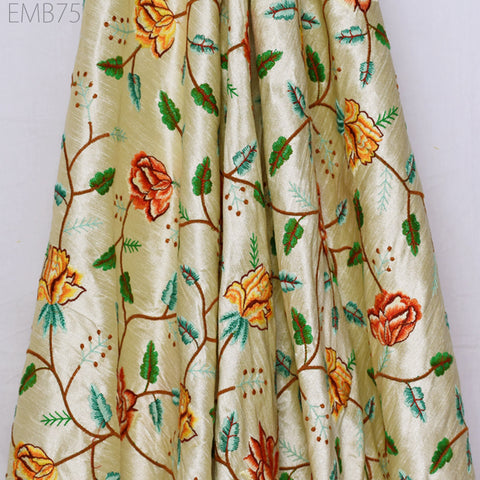 Indian Beige Embroidered Dupioni Fabric by the Yard Sewing Crafting Wedding Dresses Fabric Costumes Dolls Bags Cushion Covers Table Runners