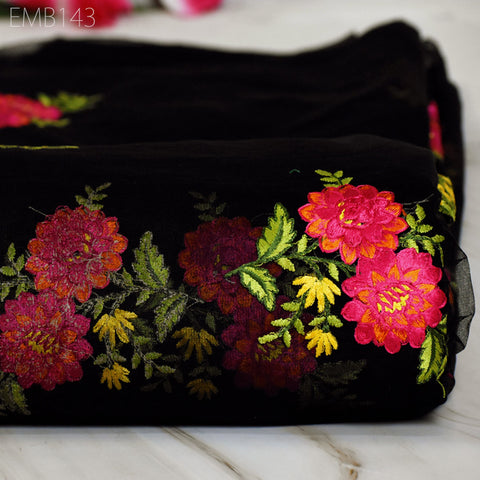 Black Net Embroidered Fabric Floral Embroidered Fabric by the Yard Indian Fabric Saree Crafting Sewing Wedding Dress Costumes Doll Making