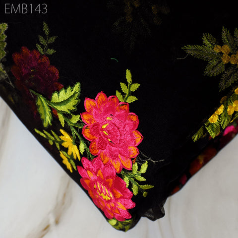 Black Net Embroidered Fabric Floral Embroidered Fabric by the Yard Indian Fabric Saree Crafting Sewing Wedding Dress Costumes Doll Making