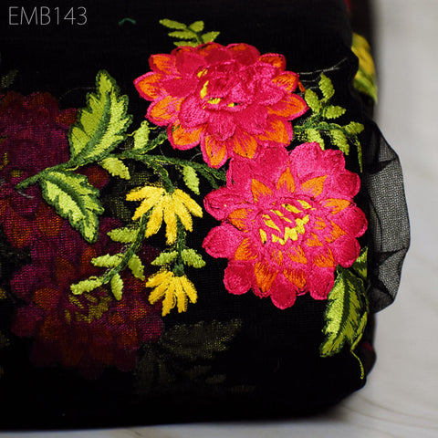 Black Net Embroidered Fabric Floral Embroidered Fabric by the Yard Indian Fabric Saree Crafting Sewing Wedding Dress Costumes Doll Making