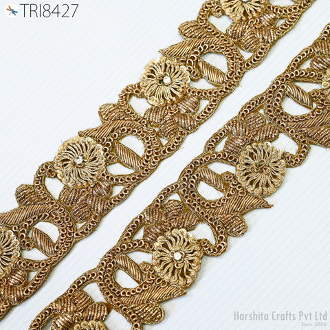 3 Yard Handcrafted Gold Trim | Decorative Crafting Ribbon | Indian Zardozi Saree Border Laces | Embellish Sew on sash Tapes Wedding Dresses