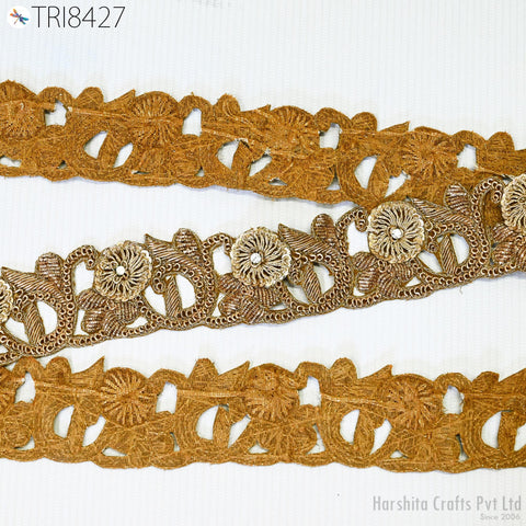 3 Yard Handcrafted Gold Trim | Decorative Crafting Ribbon | Indian Zardozi Saree Border Laces | Embellish Sew on sash Tapes Wedding Dresses