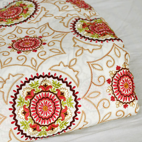 Ivory Embroidered Fabric Indian Embroidery Cotton Fabric by the Yard Sewing Fabric DIY Crafting Wedding Dress Costumes Doll Bag Home Decor