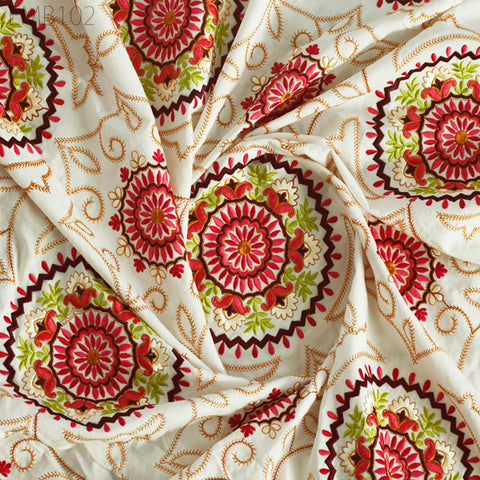 Ivory Embroidered Fabric Indian Embroidery Cotton Fabric by the Yard Sewing Fabric DIY Crafting Wedding Dress Costumes Doll Bag Home Decor