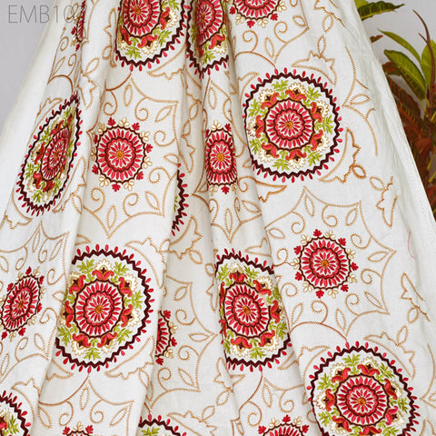 Ivory Embroidered Fabric Indian Embroidery Cotton Fabric by the Yard Sewing Fabric DIY Crafting Wedding Dress Costumes Doll Bag Home Decor