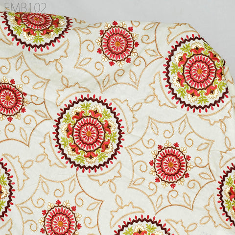 Ivory Embroidered Fabric Indian Embroidery Cotton Fabric by the Yard Sewing Fabric DIY Crafting Wedding Dress Costumes Doll Bag Home Decor